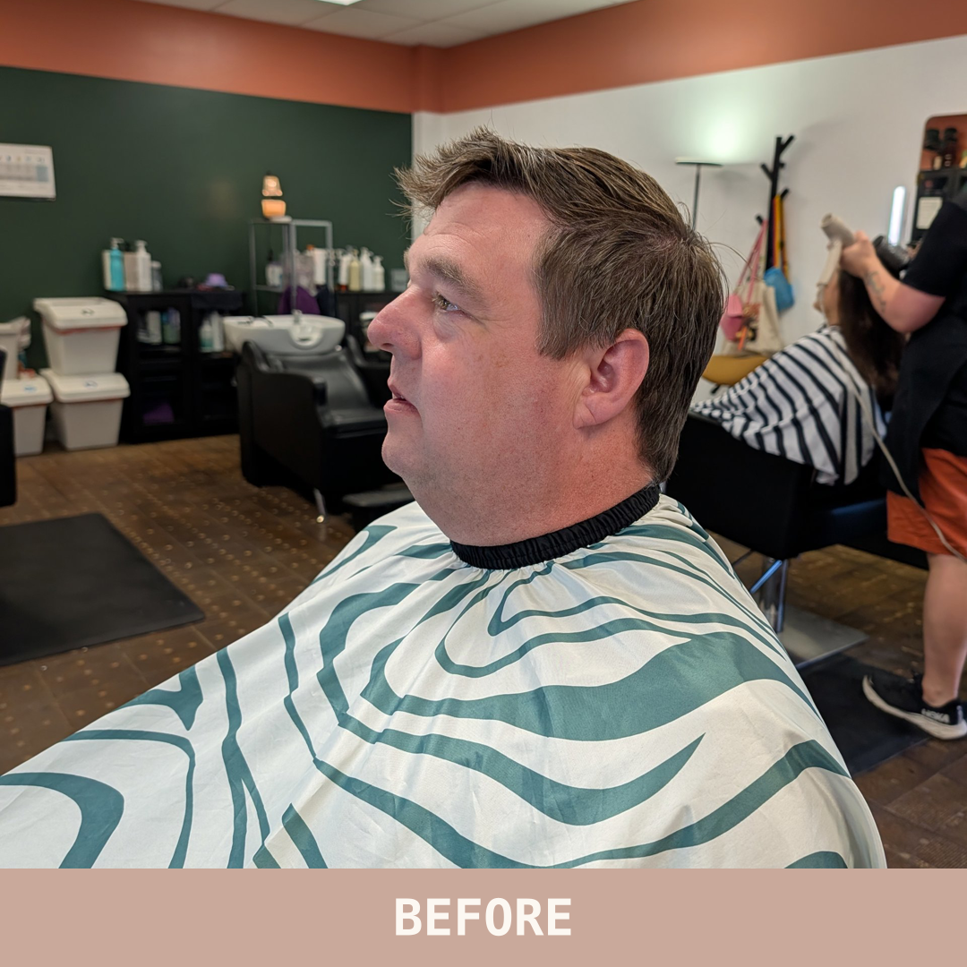 Before: a client's grown-out cut at the chair, made in SalonFawn.